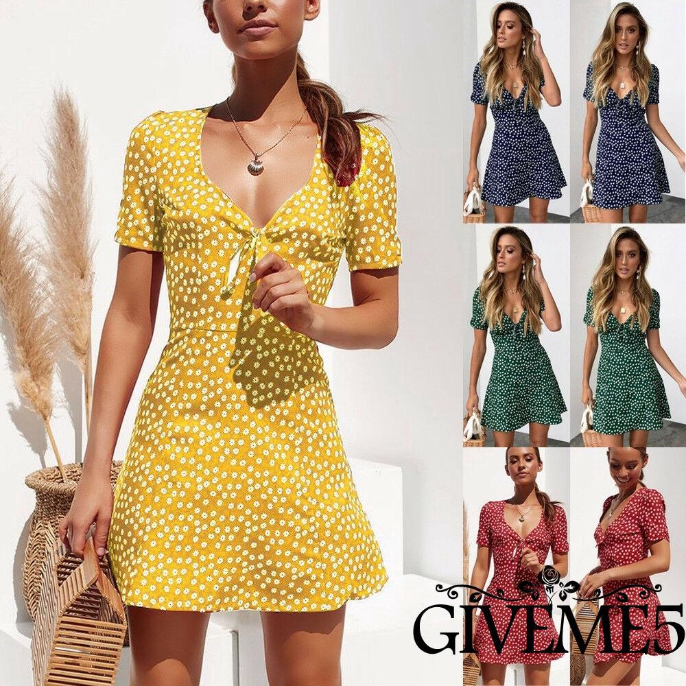 Đầm tay ngắn dáng A cổ chữ V họa tiết hoa phong cách Vintage cho nữ