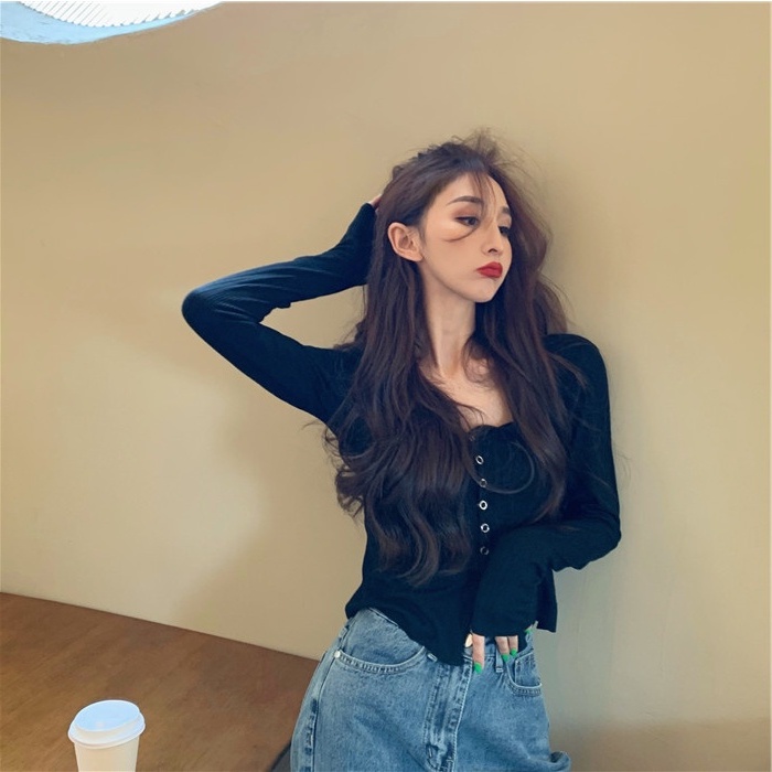 【HangFei】Áo Cardigan Dệt Kim Tay Dài Cổ Chữ V Lưng Cao Phong Cách Retro