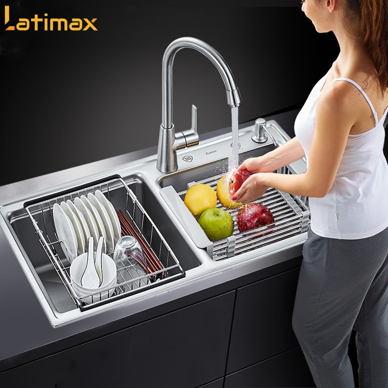 [Mã BMBAU50 giảm 7% đơn 99K] Kệ gác bồn rửa chén đựng Hoa quả, Chén đĩa, Rau củ Latimax Inox 304 Co dãn từ 32 - 44 cm