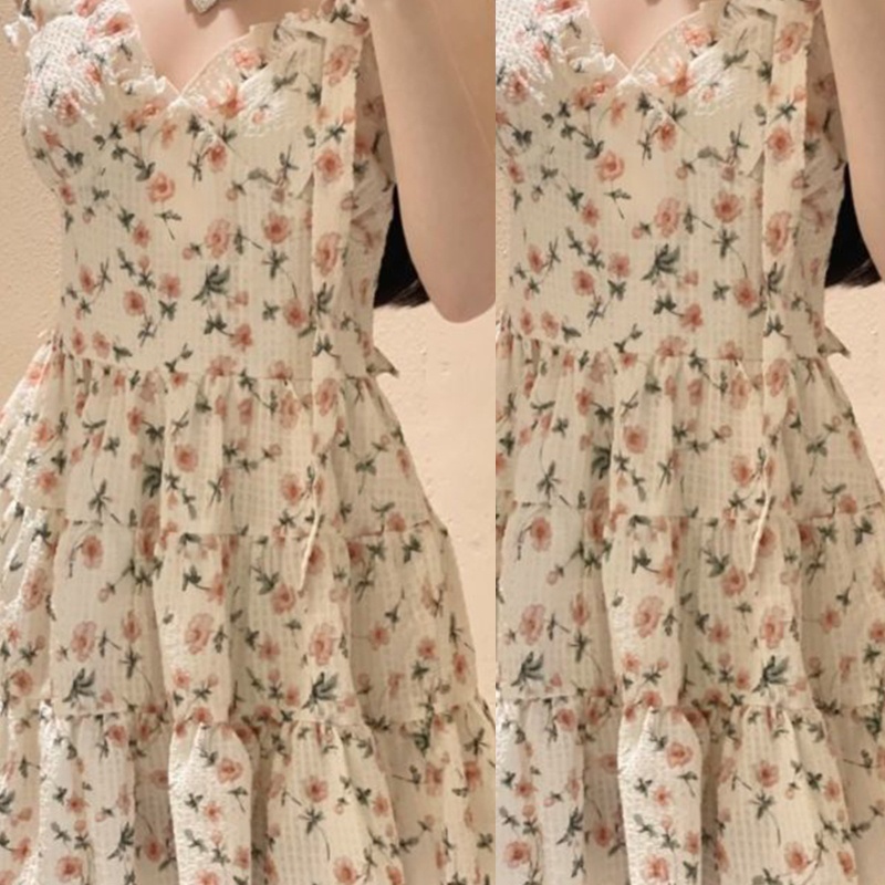 Đầm Xòe Chữ A Lưng Cao Phối Bèo In Họa Tiết Hoa Thắt Nơ Dành Cho Nữ