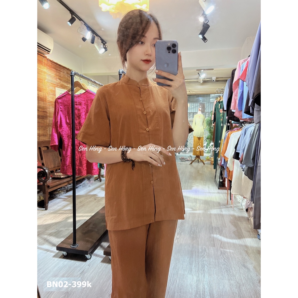 bộ quần áo Phật tử vải đũi Nhật có độ thô nhẹ - cổ tàu cao truyền thống, cúc nhựa dễ cài, áo lam đi chùa nam nữ BN02