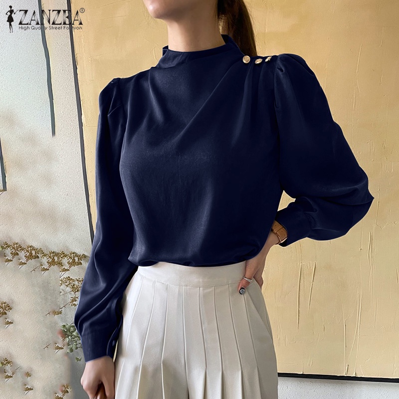 Áo sơ mi ZANZEA tay dài cổ đứng thiết kế cài nút thời trang Hàn Quốc dành cho nữ