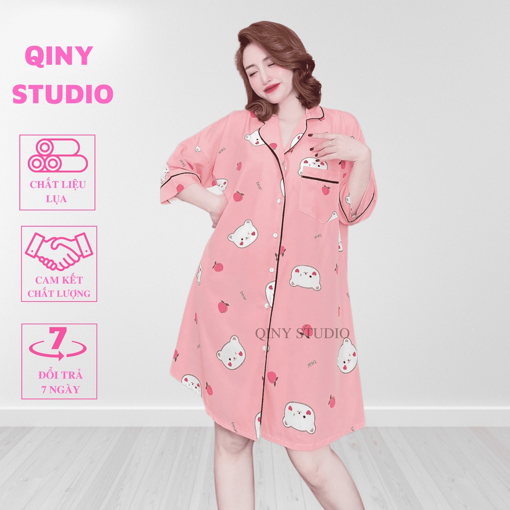 Đầm ngủ nữ pijama Qiny Studio đồ ngủ mặc nhà bigsize đầm bầu qua gối vải lụa