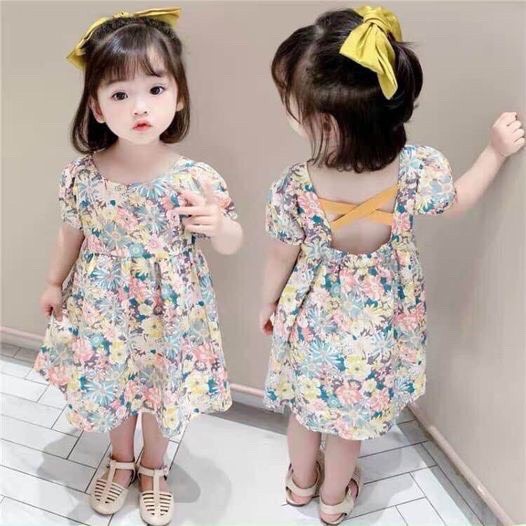 Đầm trẻ em cổ vuông họa chéo lưng tiết hoa nhí đáng yêu