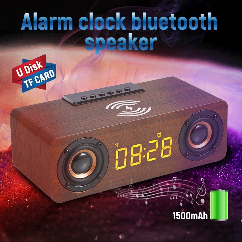 Loa Sạc Không Dây Bluetooth 5.0 Loa Siêu Trầm Di Động Bằng Gỗ HiFi，Hỗ Trợ Đồng Hồ Báo Thức + Đĩa U + Chức Năng Thẻ TF