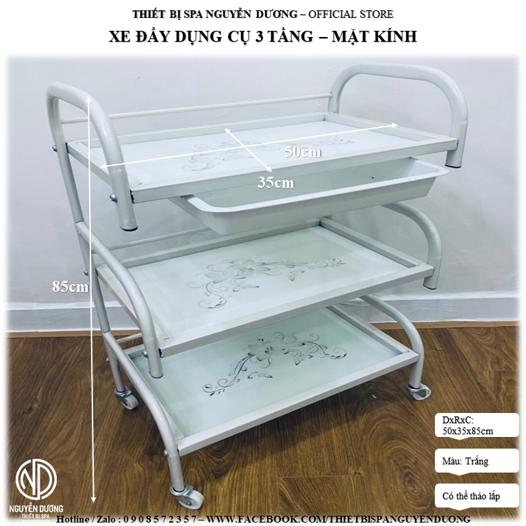 Xe Đẩy 3 Tầng Mặt Kính Hoa Văn Dùng Trong Spa, Phun Xăm Thẩm Mỹ