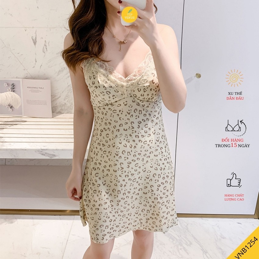 Váy Ngủ 2 Dây Lụa Báo Viền Ren Quảng Châu Cao Cấp TEP VENUS VNB1254