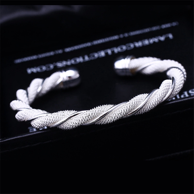 S925 Đồng Trắng Mạ Bạc Vòng Tay Xoắn Dệt Thiết Kế Lưới Sẽ Không Bao Giờ Phai Màu