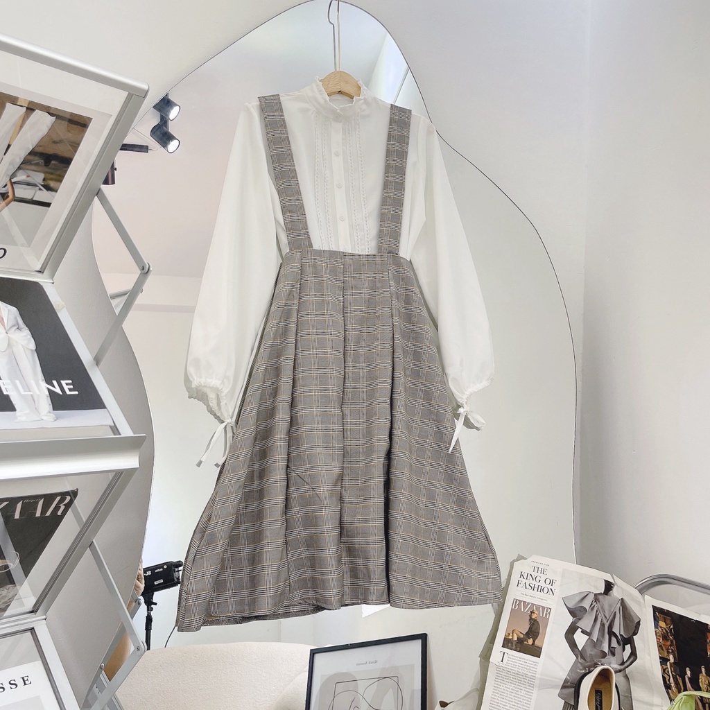 SET YẾM ĐAN DÂY RUY BĂNG CARO LƯNG + ÁO TRẮNG ANGI HOME