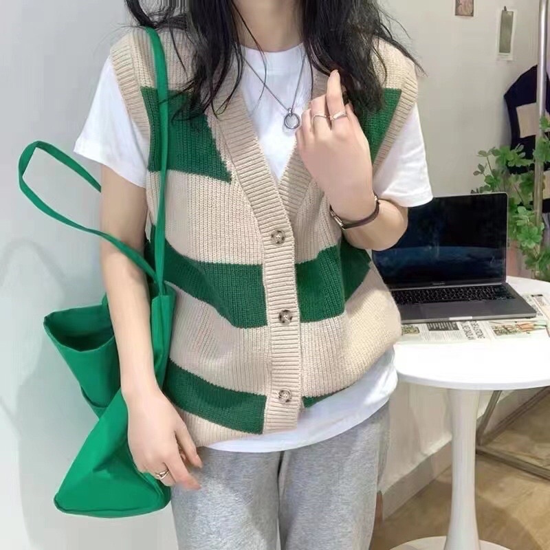 Áo Gile Len Nữ Vintage cổ v kẻ ngang mùa đông phong cách Hàn Quốc