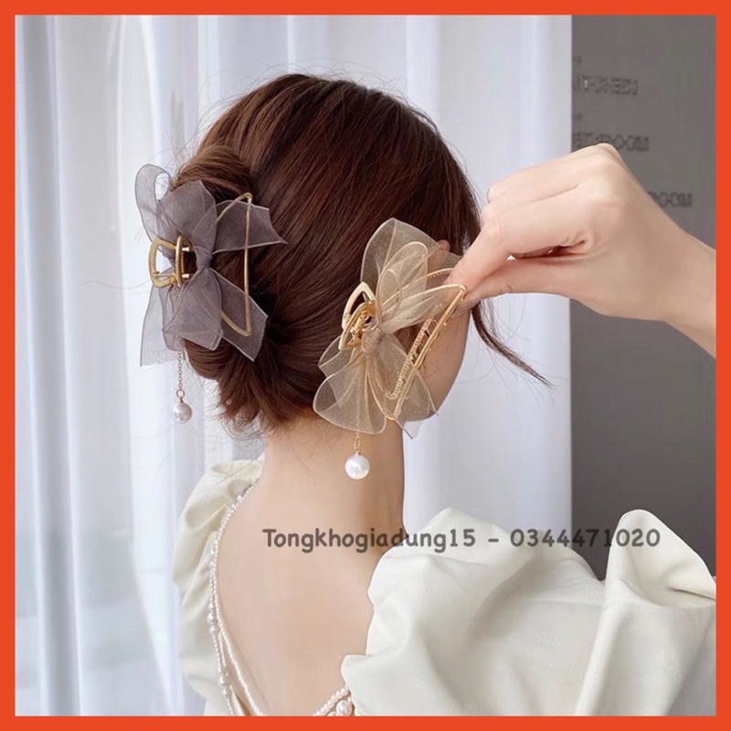 Kẹp tóc kim loại đính nơ voan xinh xắn thời trang phong cách Hàn Quốc