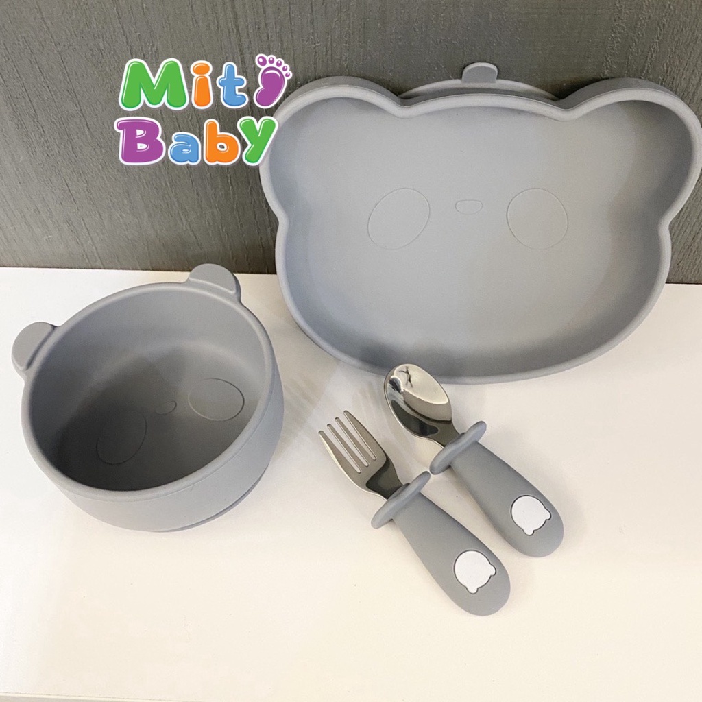 Bát đĩa ăn dặm cho bé, đĩa ăn dặm gấu hít sàn bar- rot