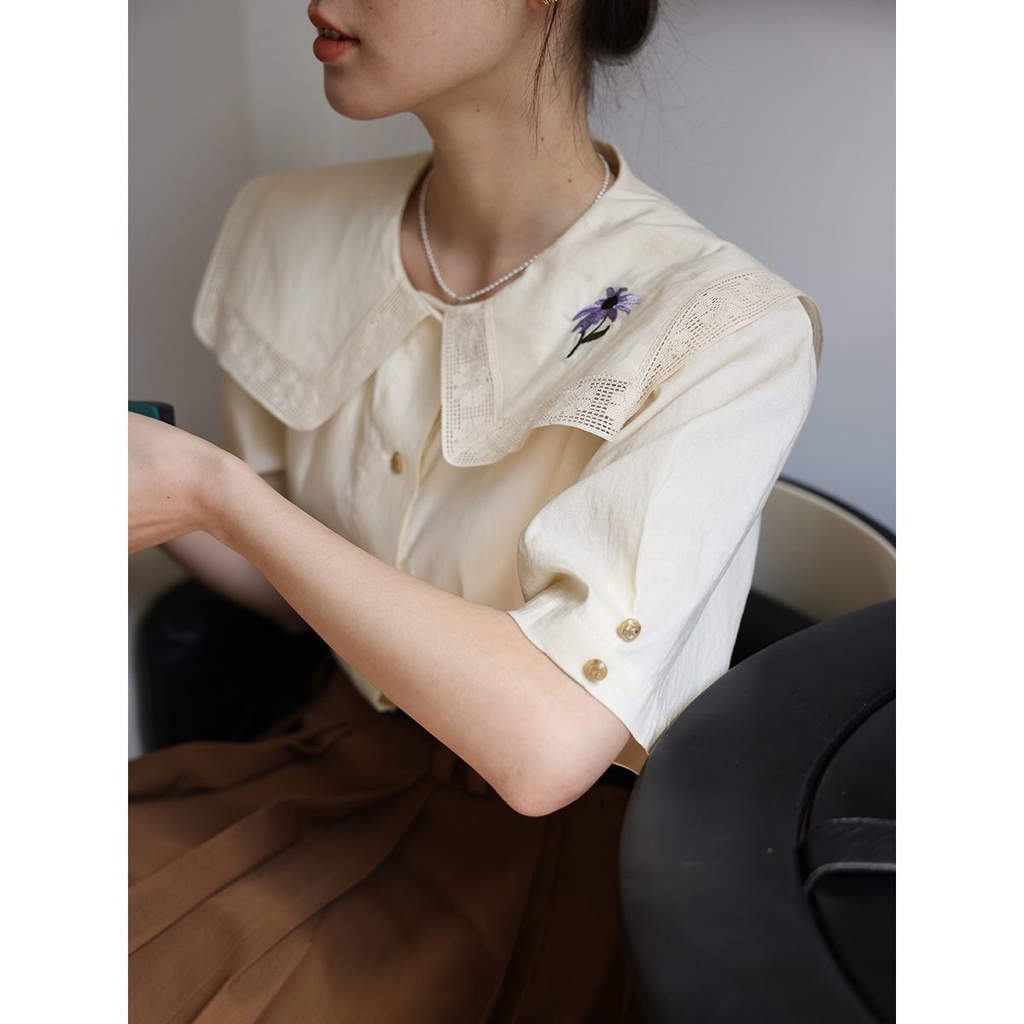 Áo Sơ Mi Ren Thêu Hoa Cúc Ngắn Tay Thời Trang Mùa Hè Mới Dành Cho Nữ 2022