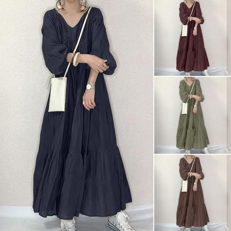 ☁[Free Shipping] ZANZEA Đầm Maxi Dài Kaftan Abaya Xếp Tầng Tay Phồng Cổ Chữ V Cho Nữ