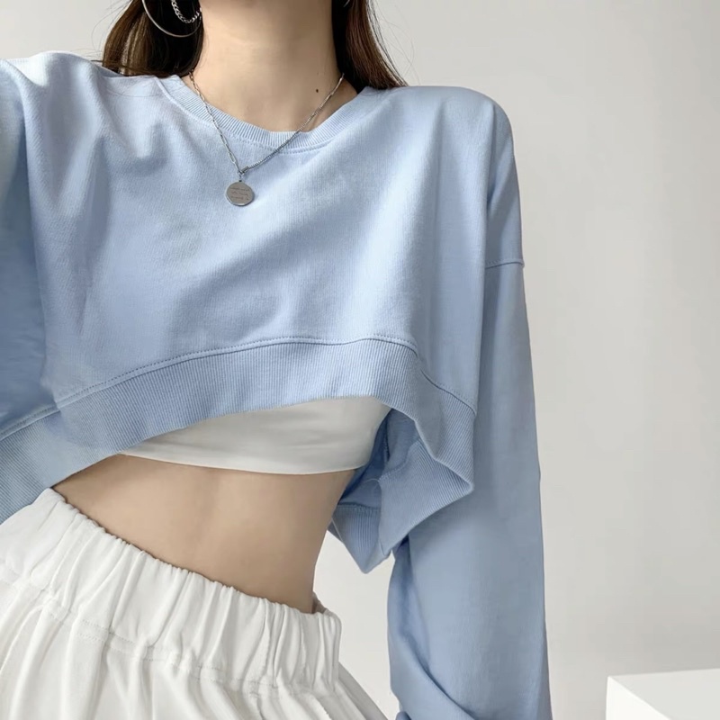 set áo croptop tay dài cổ tròn chất nỉ chân cua kèm áo ba lỗ cá tính | BigBuy360 - bigbuy360.vn