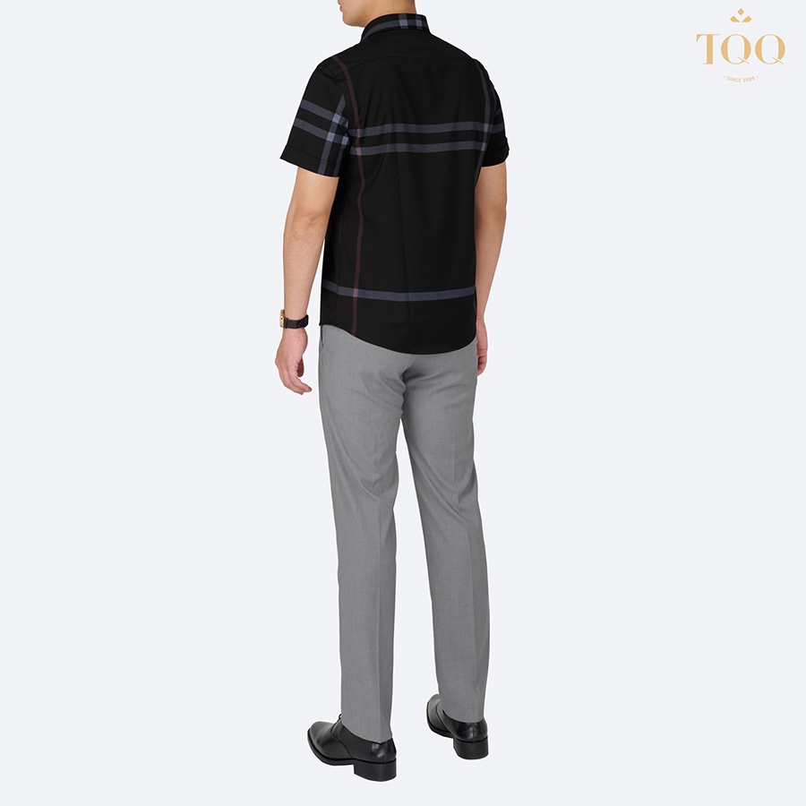 Áo sơ mi nam ngắn tay cao cấp K434CSC-CB TQQ màu đen dáng Slimfit nam tính vạt tôm vạt ngang không túi áo