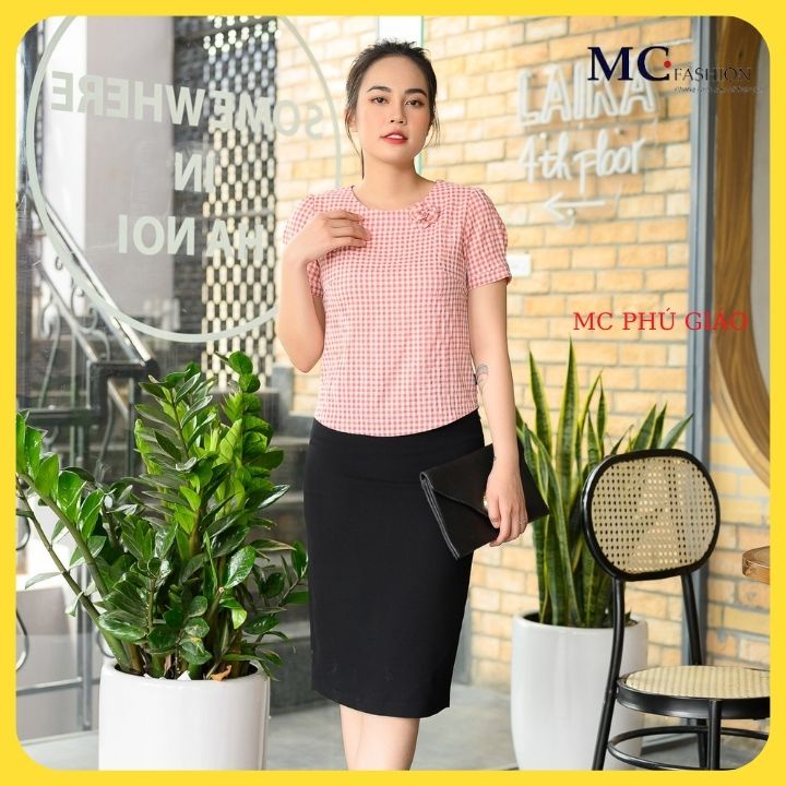 Áo Kiểu Tay Cộc Kẻ Sọc Caro Công Sở Mc Fashion Màu Cam Xanh Cổ Tròn TA971