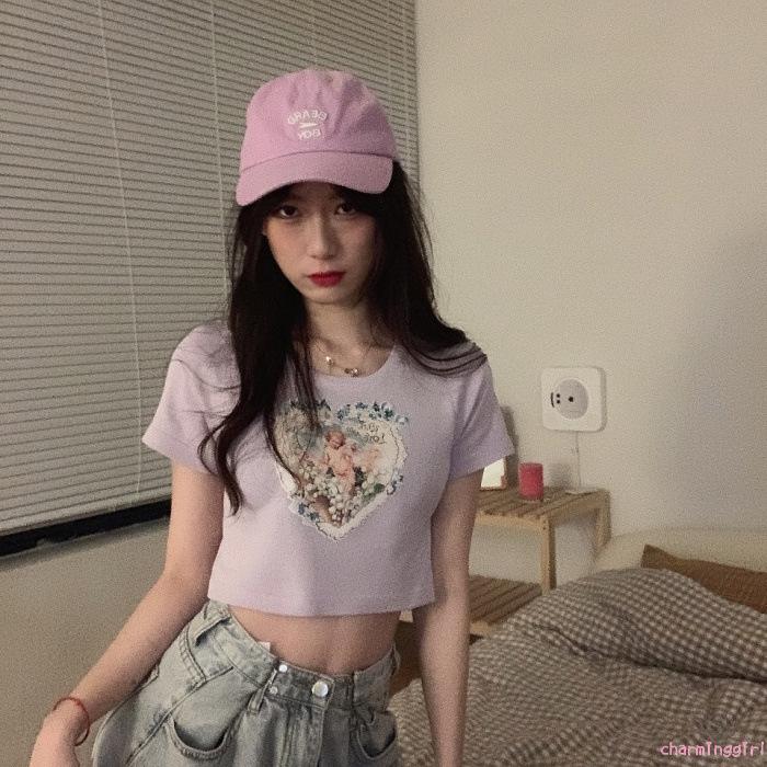 Áo Croptop Tay Ngắn In Hình Thiên Thần Thời Trang Cho Nữ