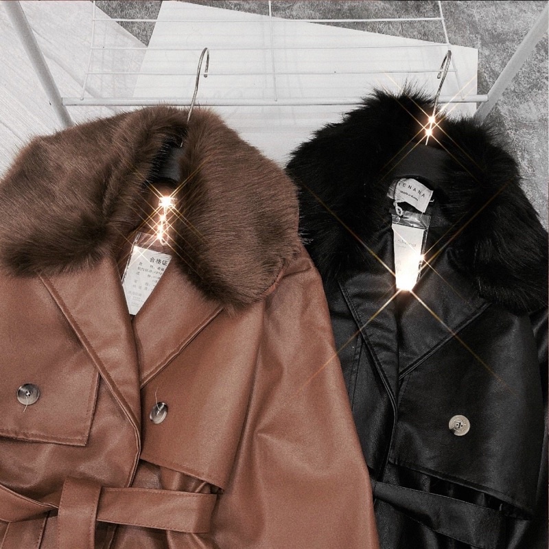 [FREESHIP]Áo khoác da mangto phối lông tháo rời được cao cấp tay dài sáu nút có đai tay đai eo hàng QCCC hình thật