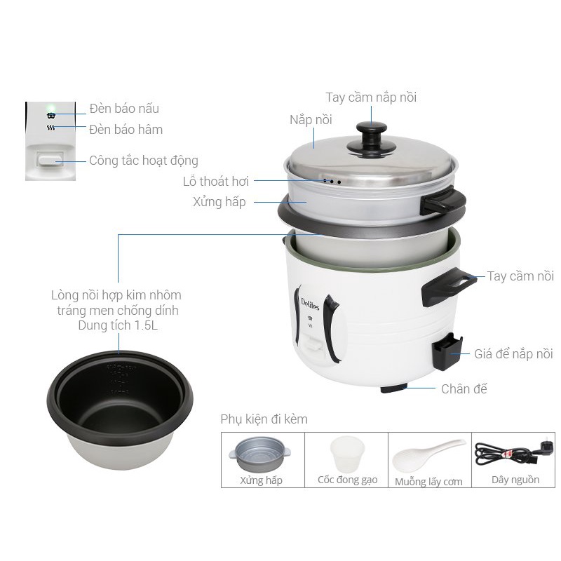 Tr bày Mới 98-99%-Nồi cơm điện Delites 1.5 lít NCR1502-Chính Hãng,lòng nồi chống dính.tiết kiệm điện
