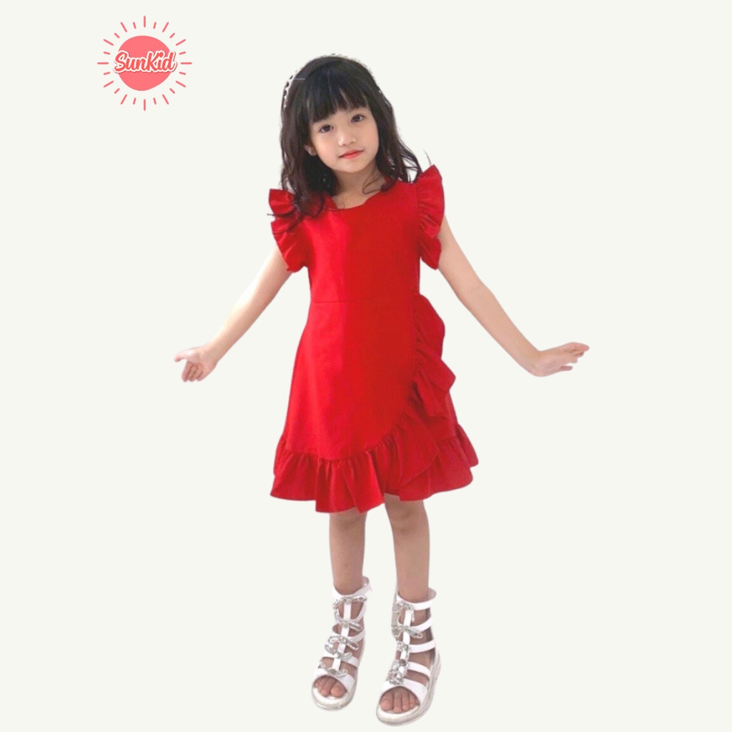 Váy đầm bé gái màu đỏ tay áo cánh tiên vải trượt nhật cao cấp Sunkid SN4 size trẻ em 4-12 tuổi