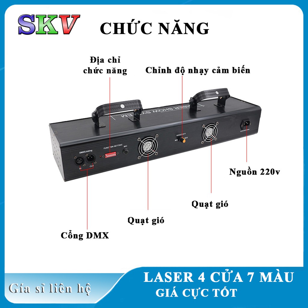 Đèn laser 4 cửa 7 màu, dùng cho sân khấu, phòng hát karaoke, bar và phòng bay