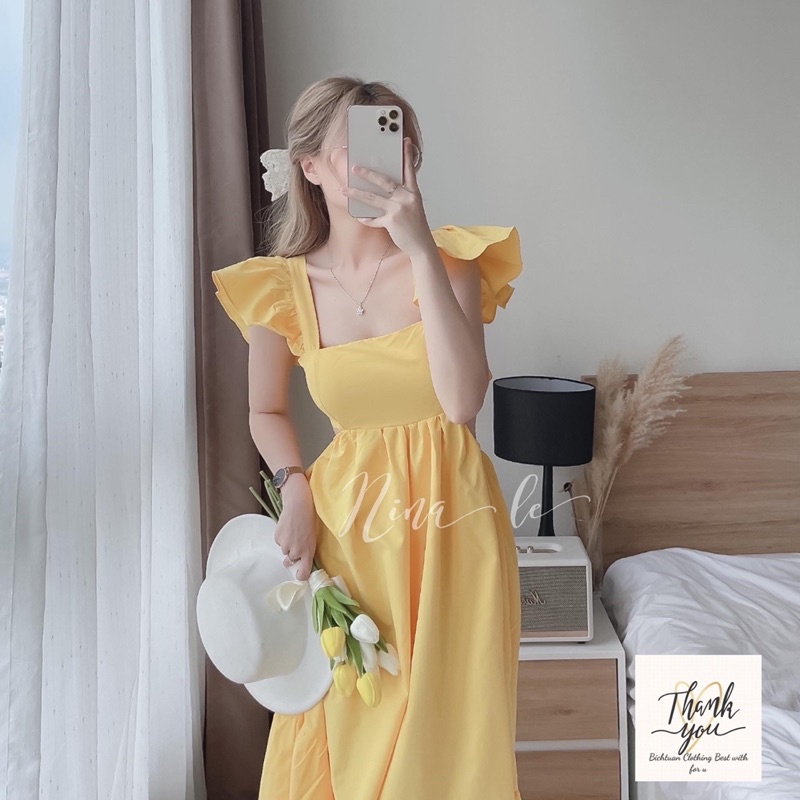 Váy thô maxi nữ nơ lưng tay cánh tiên form dáng xuông - Đầm maxi nơ tay hở lưng cho nữ | BigBuy360 - bigbuy360.vn