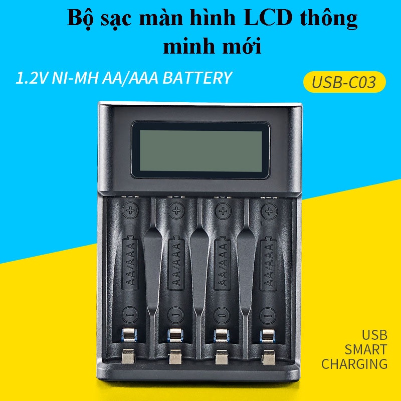 Bộ sạc bốn khe thông minh cho pin AA, AAA BH-A04 có màn LCD báo dung lượng pin, tự ngắt khi đầy