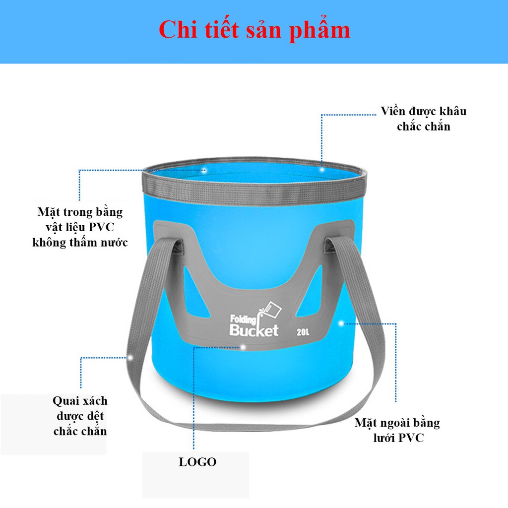 Xô đựng nước, túi chống nước gấp gọn du lịch, dã ngoại có quai xách tiện lợi dung tích 12l, 20l, chất liệu PVC bền đẹp