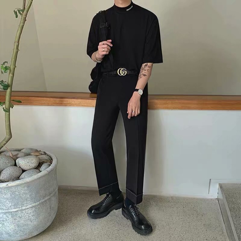 Áo Thun Tay Ngắn Cổ Cao Dáng Rộng Màu Đen Phong Cách Hàn Quốc Thời Trang Mùa Hè Cho Nam Size m-2xl