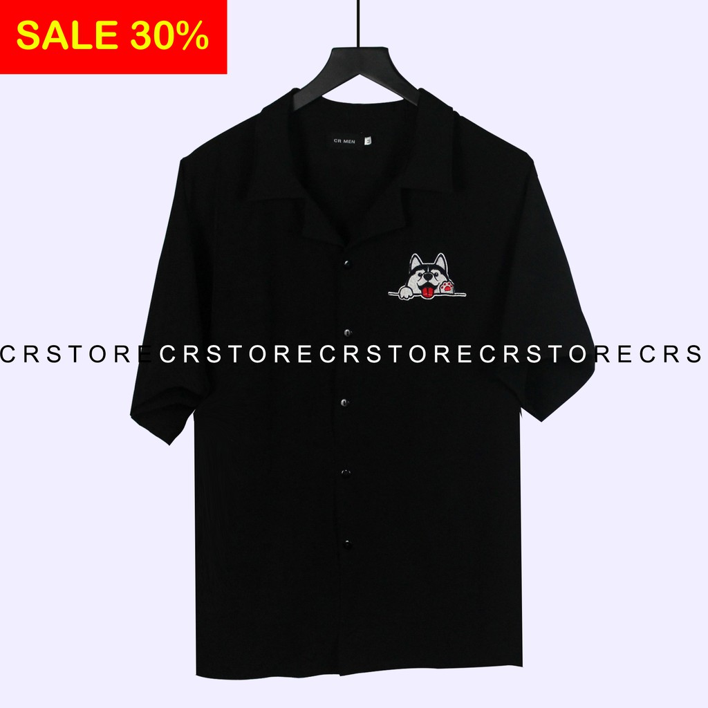 Áo sơ mi tay ngắn Cổ DANTON - VEST đen cún thè lưỡi  . Sơ mi tay lỡ unisex nam nữ trơn vải lụa mềm SMNT623 | BigBuy360 - bigbuy360.vn