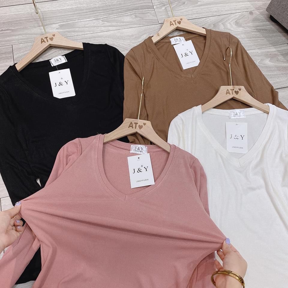 Áo Thun Tăm Giấy V-NECK Nữ [FREESHIP] 🌸 Phông cổ tim dài tay body dáng ôm màu Đen | Trắng | Hồng | Nâu Ulzzang HOT 🌸 | BigBuy360 - bigbuy360.vn