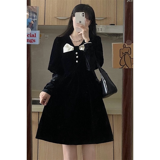 (ORDER TAOBAO)Miss Cocoli ~ Chiếc váy nhung vàng mới của mùa thu và mùa đông đính nơ tiểu thư