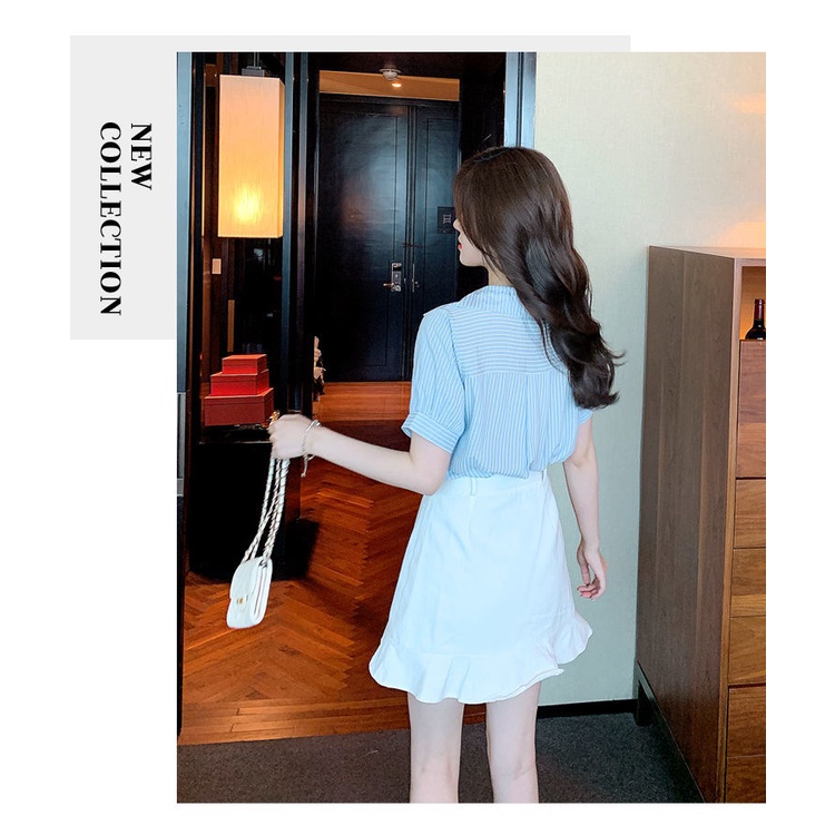 Áo Sơ Mi Chất Chiffon Tay Ngắn Thiết Kế Cổ Chữ V Hoạ Tiết Kẻ Sọc