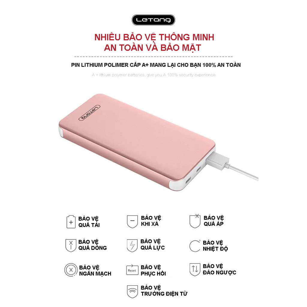 Pin dự phòng LETANG S300 - 10.000mAh siêu mỏng, siêu nhẹ, chống sốc tự ngắt khi sạc đầy cho iPhone, Samsung, OPPO,...