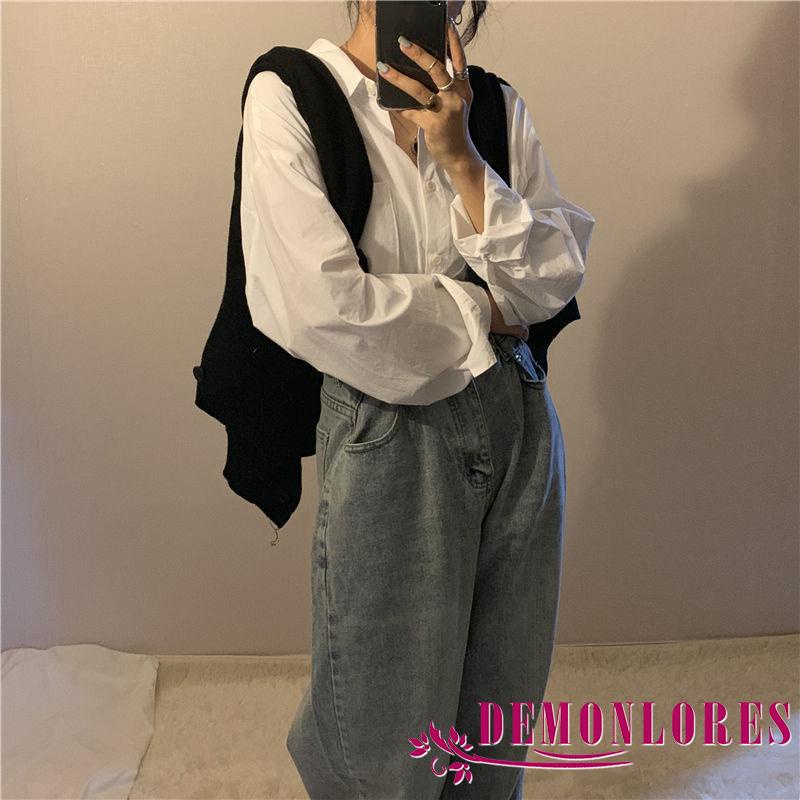 Áo Sơ Mi Tay Dài Cổ Bẻ Dáng Rộng Màu Sắc Đơn Giản Thời Trang Mùa Thu Cho Nữ