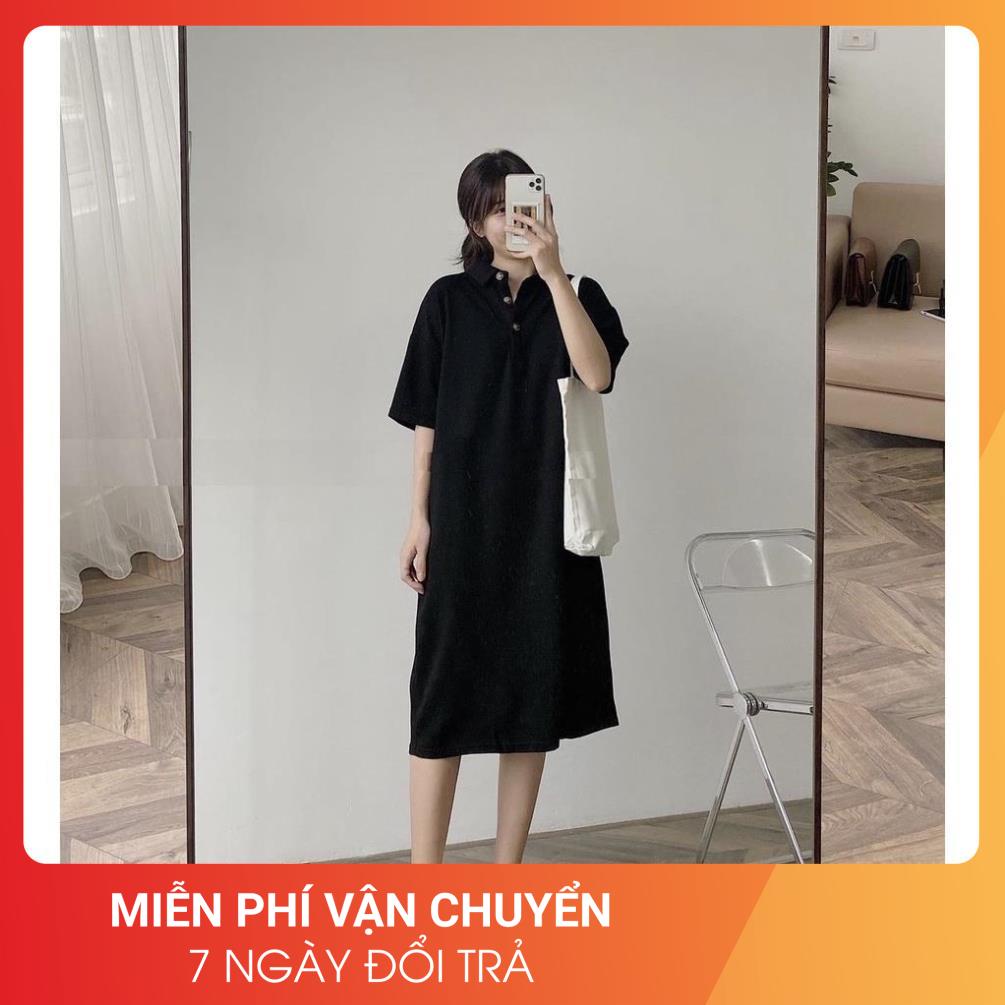 Váy Polo Đen Phối Cúc Đồng 24AP Nữ [FREESHIP] 🌸 Đầm cổ bẻ dáng suông tay lỡ form rộng học sinh vintage đẹp Ulzzang 🌸 | BigBuy360 - bigbuy360.vn