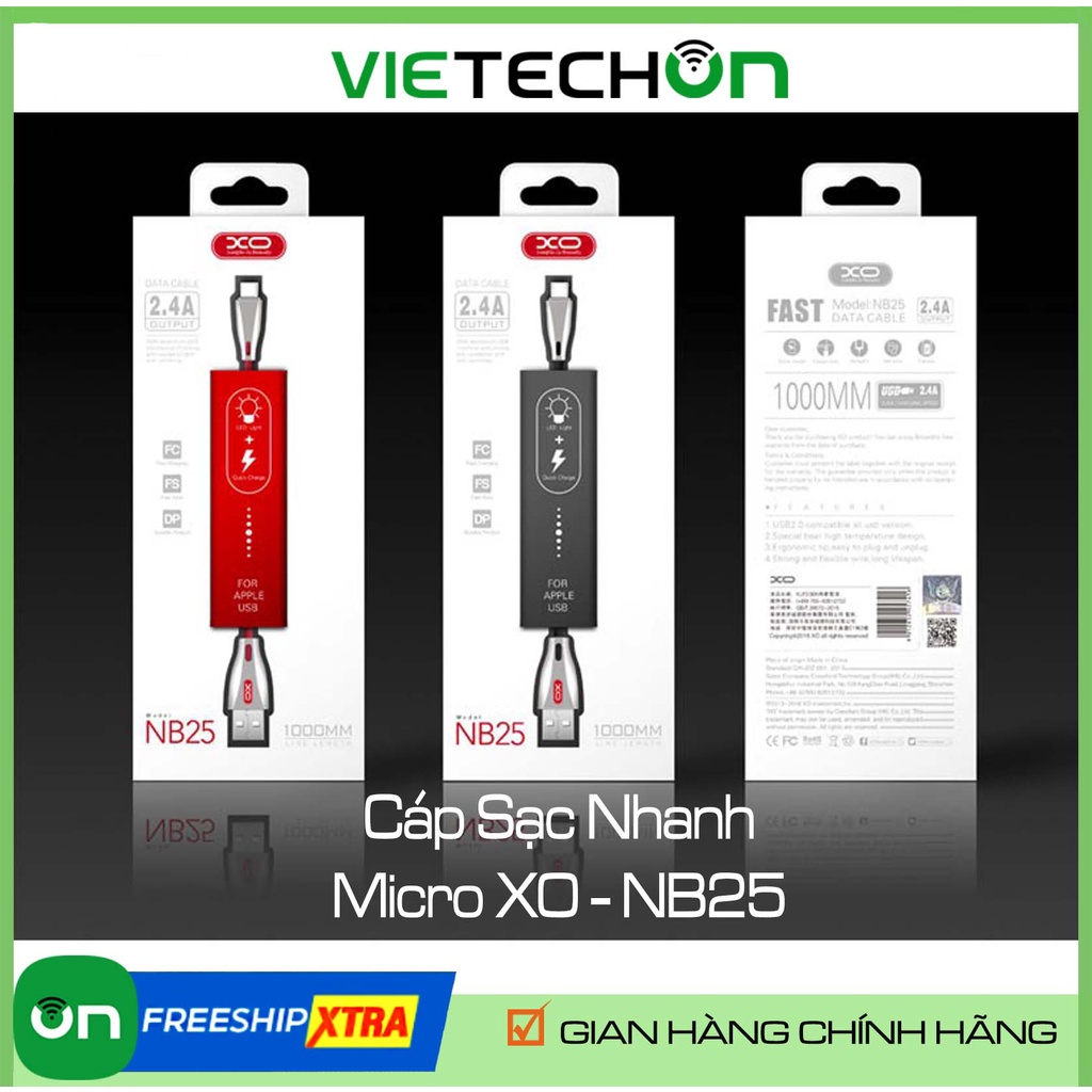 🌟Cáp Sạc Micro XO-NB25 dài 1m🌟Thân bọc dù chắc chắn không đứt gãy🌟Thiết kế đèn Led ở chân sạc🌟BH 6thang