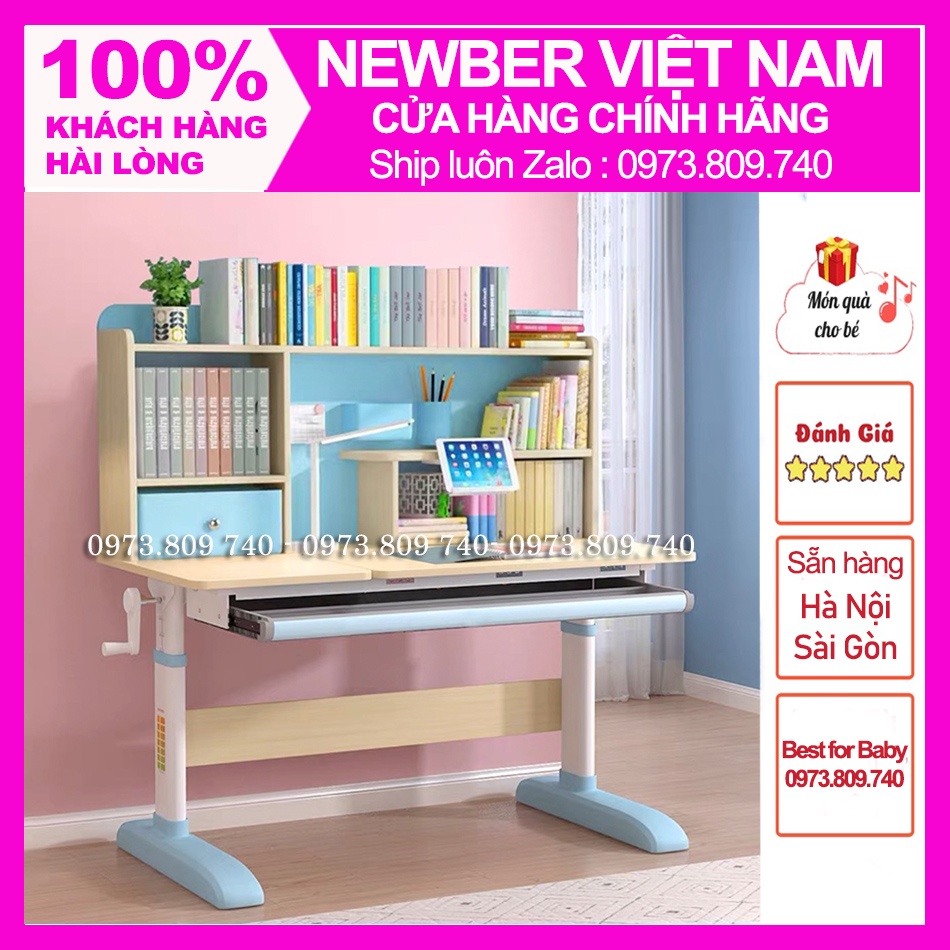 Bàn học thông minh, Bàn học chống gù chống cận Newber Royal 1600 cao cấp ( Bàn 120cm - Gỗ tự nhiên, Kệ sách lớn)