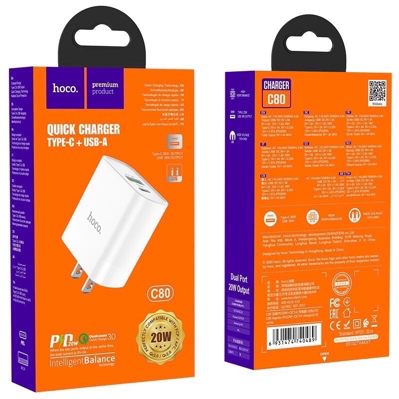 ✔NowShip✔Cốc Sạc Nhanh 2 Cổng CAO CẤP-Củ Sạc Hoco C80/C80A Sạc Nhanh 20W QC 3.0-PD )Cho IPhone IPad Android…/C39/X50/X56