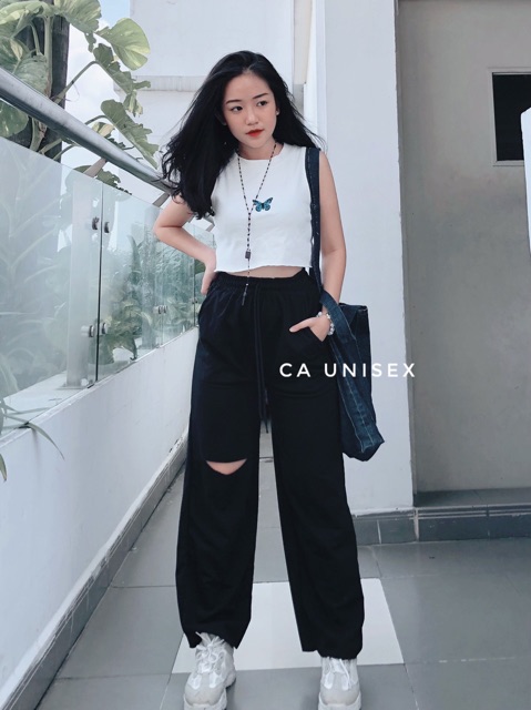 Quần Nỉ Thun Ống Rộng Rách Gối IRU Jem Closet Nam Nữ Unisex ( Hình Thật + 2 màu ) | WebRaoVat - webraovat.net.vn