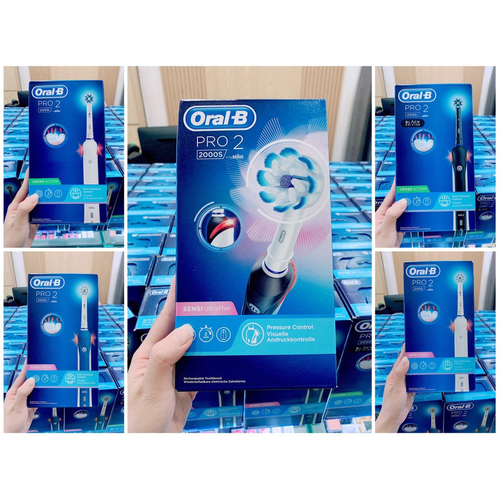 Bàn chải điện Oral B (Chính Hãng Đủ Bill) Pro 2 2000 và 2000s, báo lực chải. Pin cực trâu, sản xuất tại Đức mua tại Pháp