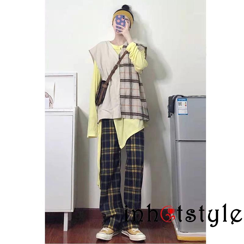 TY-Female Ninth Pants, Plaid High Elastic Waist Trousers Straight-Leg Pants for Spring Fall, S/M/L/XL/XXL/XXXL