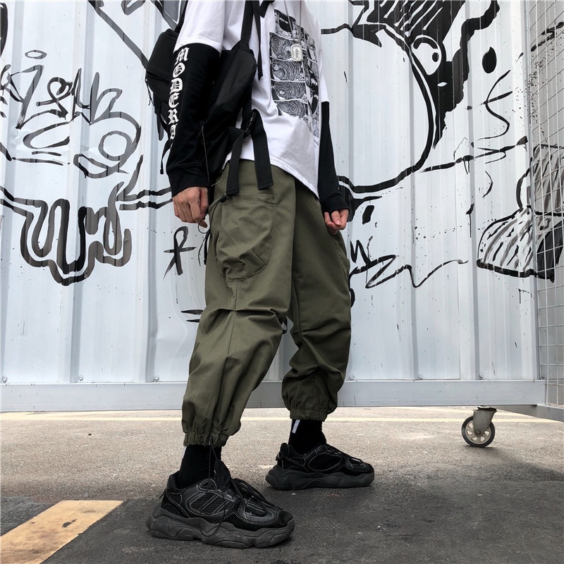 Quần Thể Thao Hip Hop Trơn Màu Ống Rộng Phối Dây Rút Cá Tính Theo Phong Cách Hàn Quốc Dành Cho Nam Tf1