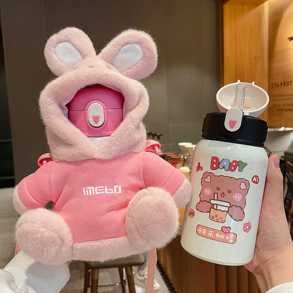 Bình nước giữ nhiệt làm từ thép không gỉ 450ml có ống hút dễ thương