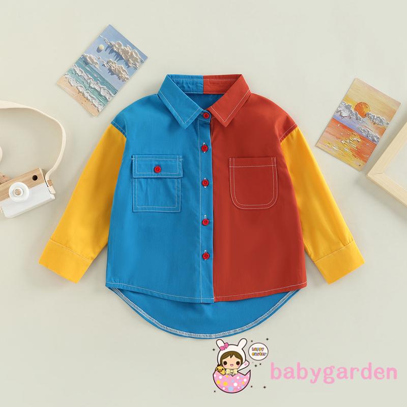 Áo Sơ Mi Tay Dài Cài Khuy Màu Sắc Tương Phản Phối Túi Thời Trang Mùa Thu Cho Bé 2-7 Tuổi