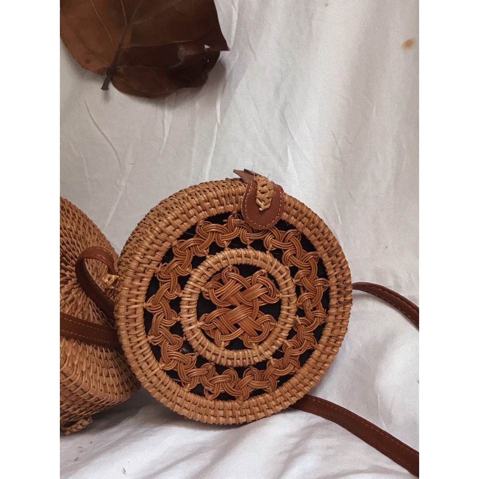 Túi Mây Hộp Tròn Đeo Chéo Họa Tiết Xinh Vắn Vintage Boho- Kích Thước : D20cm Và D16cm