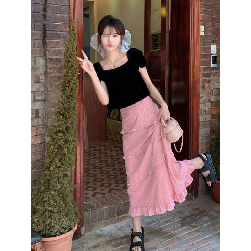 Set Áo Kiểu Tay Phồng Cổ Vuông Màu Hồng / Đen Thời Trang Sang Trọng Cho Nữ