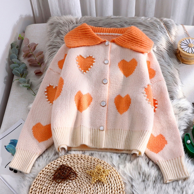 Áo Khoác Cardigan Dệt Kim Tay Dài Cổ Bẻ Đính Hạt Ngọc Trai Phong Cách Preppy Ngọt Ngào Mùa Thu Cho Nữ Bu