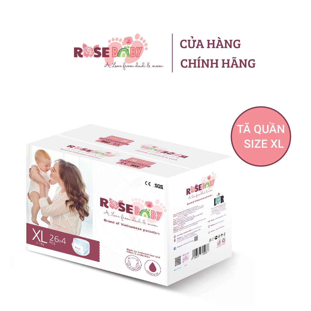 Thùng Bỉm Quần ROSE BABY chống hăm Size XL (104 miếng)